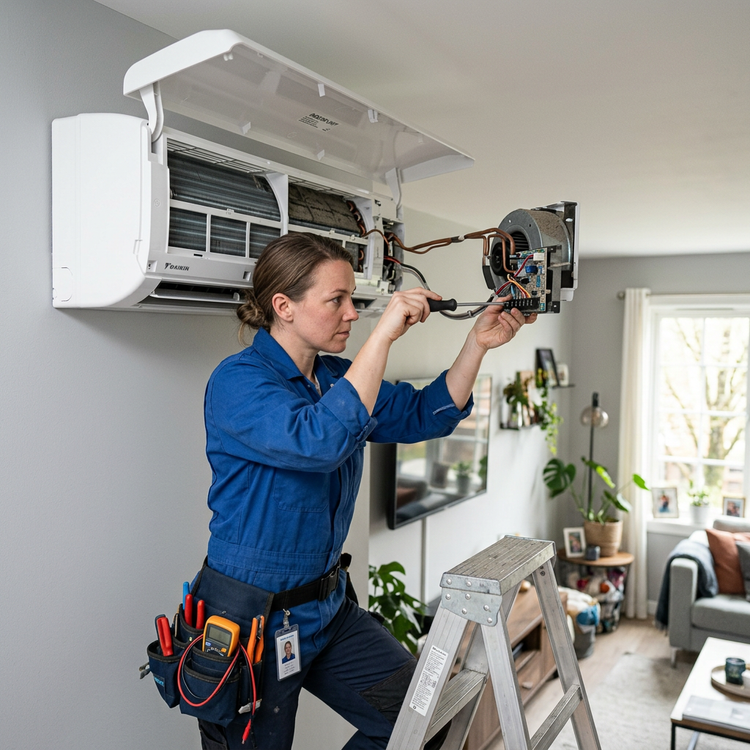 Technician servicing an air conditioning unit