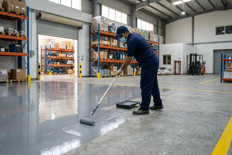 Glossy epoxy floor coating in a commercial space