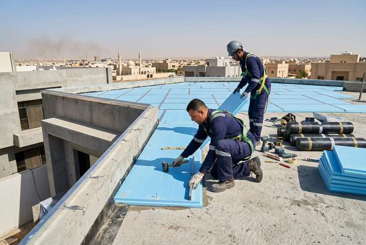Workers fixing foam insulation boards on a villa roof in Riyadh