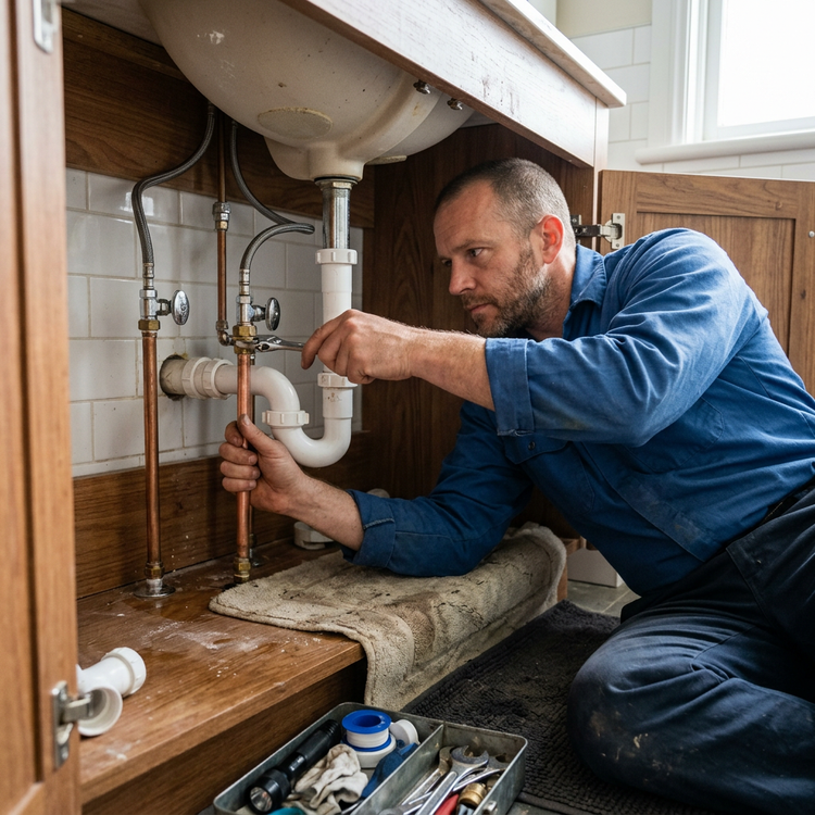 Plumber repairing bathroom pipes